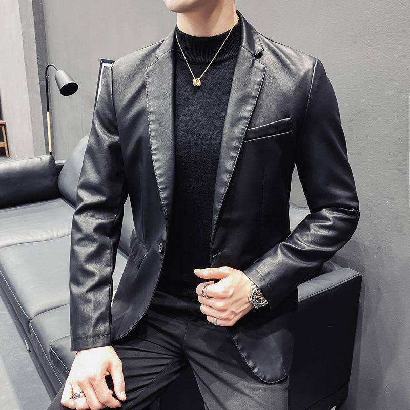 Men's Slim-Fit Leather Blazer with Tailored Silhouette and Classic Lapel Collar Mune Fashion