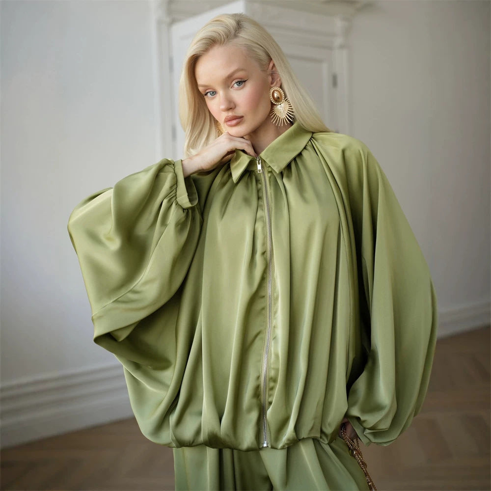 Women Elegant Satin Two-Piece Set with Oversize Blouse and Wide Palazzo Pants Mune Fashion