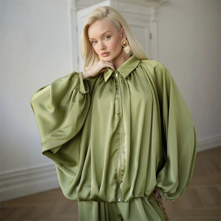 Women Elegant Satin Two-Piece Set with Oversize Blouse and Wide Palazzo Pants Mune Fashion