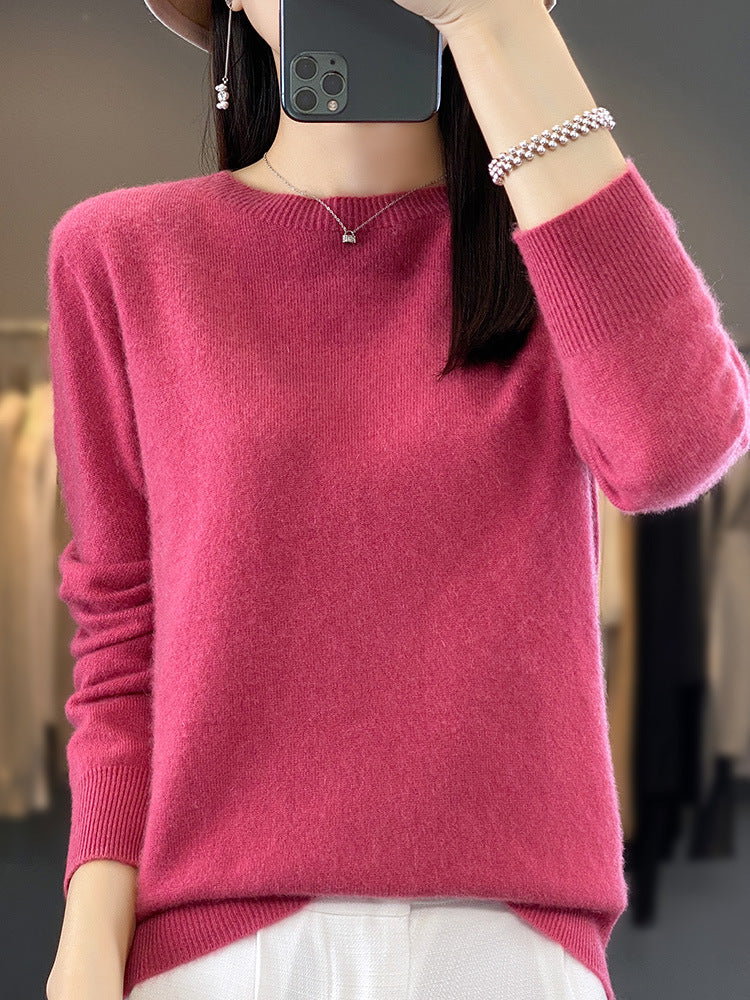 Ladies luxurious fine knit round neck sweater with soft fluffy finish and narrow cuff shape Mune Fashion