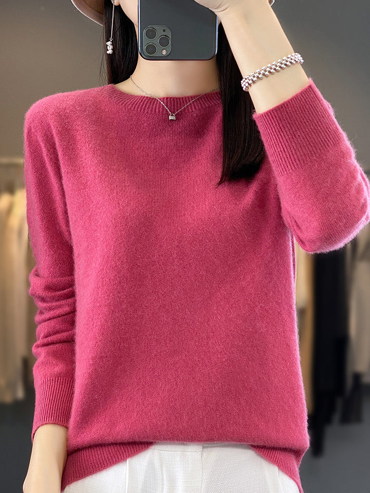 Ladies luxurious fine knit round neck sweater with soft fluffy finish and narrow cuff shape Mune Fashion