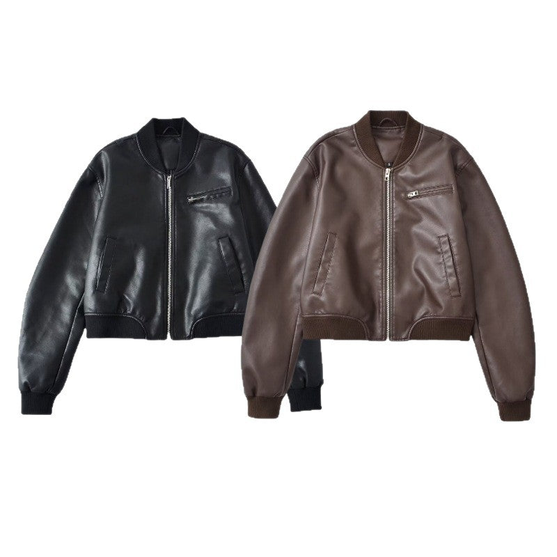 Women Short Leather Look Bomber Jacket with Ribbed Cuffs and Chest Zipper Pocket Mune Fashion