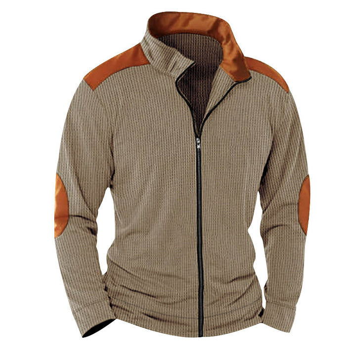Men's knitted hybrid jacket with stand-up collar contrasting inserts and elbow patches Mune Fashion