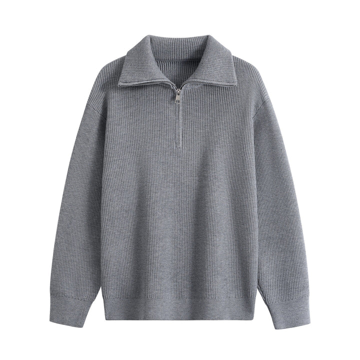 Men's Half-Zip Knit Sweater with Ribbed Texture and Large Turn-Down Collar Mune Fashion