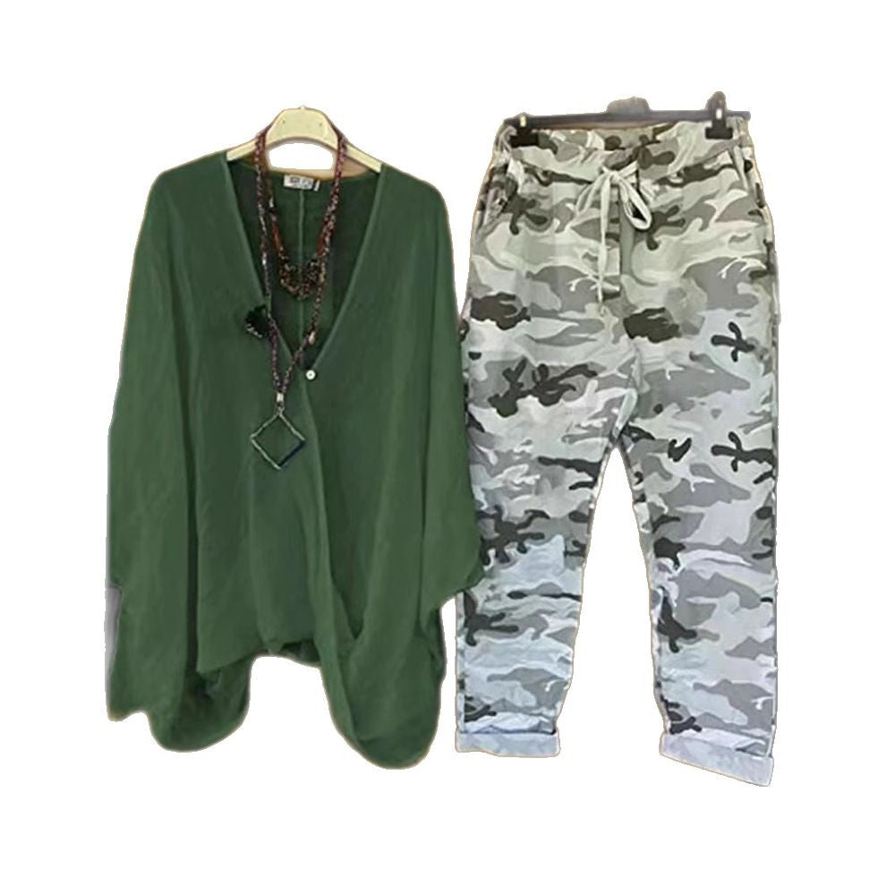 Women's two-piece outfit consisting of flowing kimono top and camouflage jogging pants Mune Fashion