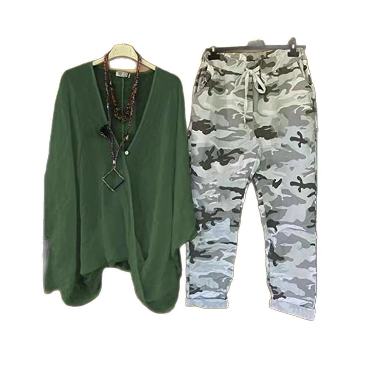 Women's two-piece outfit consisting of flowing kimono top and camouflage jogging pants Mune Fashion