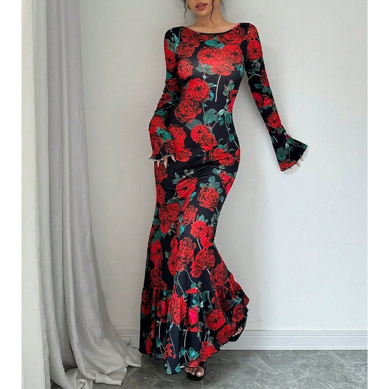 Women's fitted maxi dress with mermaid cut, long bell sleeves, and ruffled hem Mune Fashion