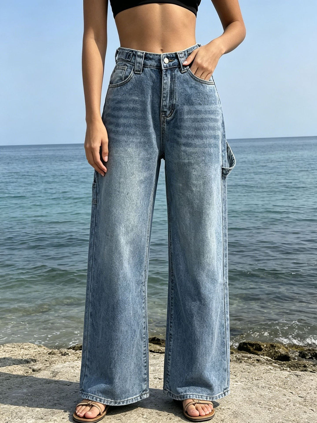 Ladies high-waist carpenter denim pants with utility side pocket and flared leg Mune Fashion