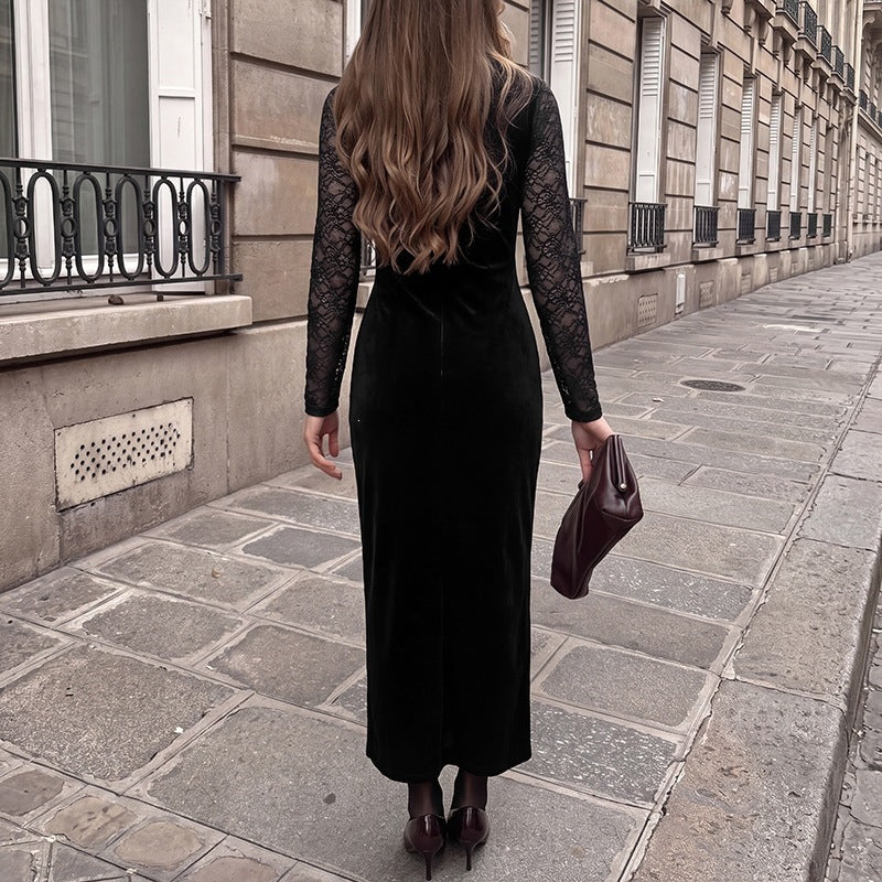 Women's evening dress with transparent lace sleeves, velvet skirt, and illusion heart neckline Mune Fashion