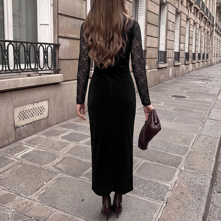 Women's evening dress with transparent lace sleeves, velvet skirt, and illusion heart neckline Mune Fashion