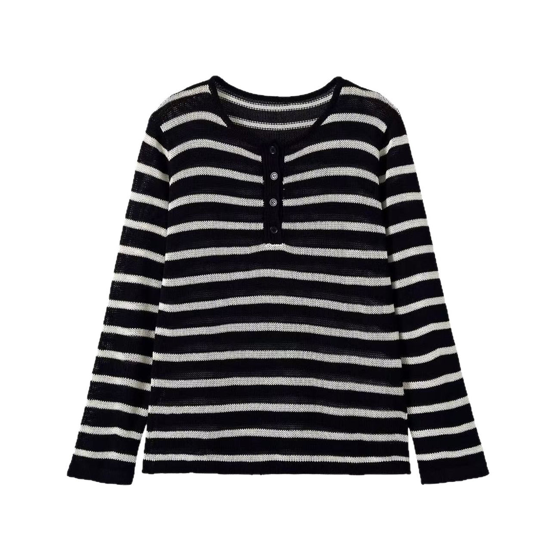 Women's Striped Fine Knit Sweater with Button Placket and Round Neck Mune Fashion