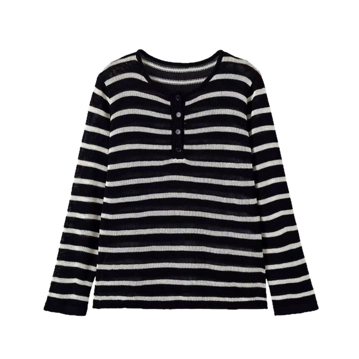 Women's Striped Fine Knit Sweater with Button Placket and Round Neck Mune Fashion