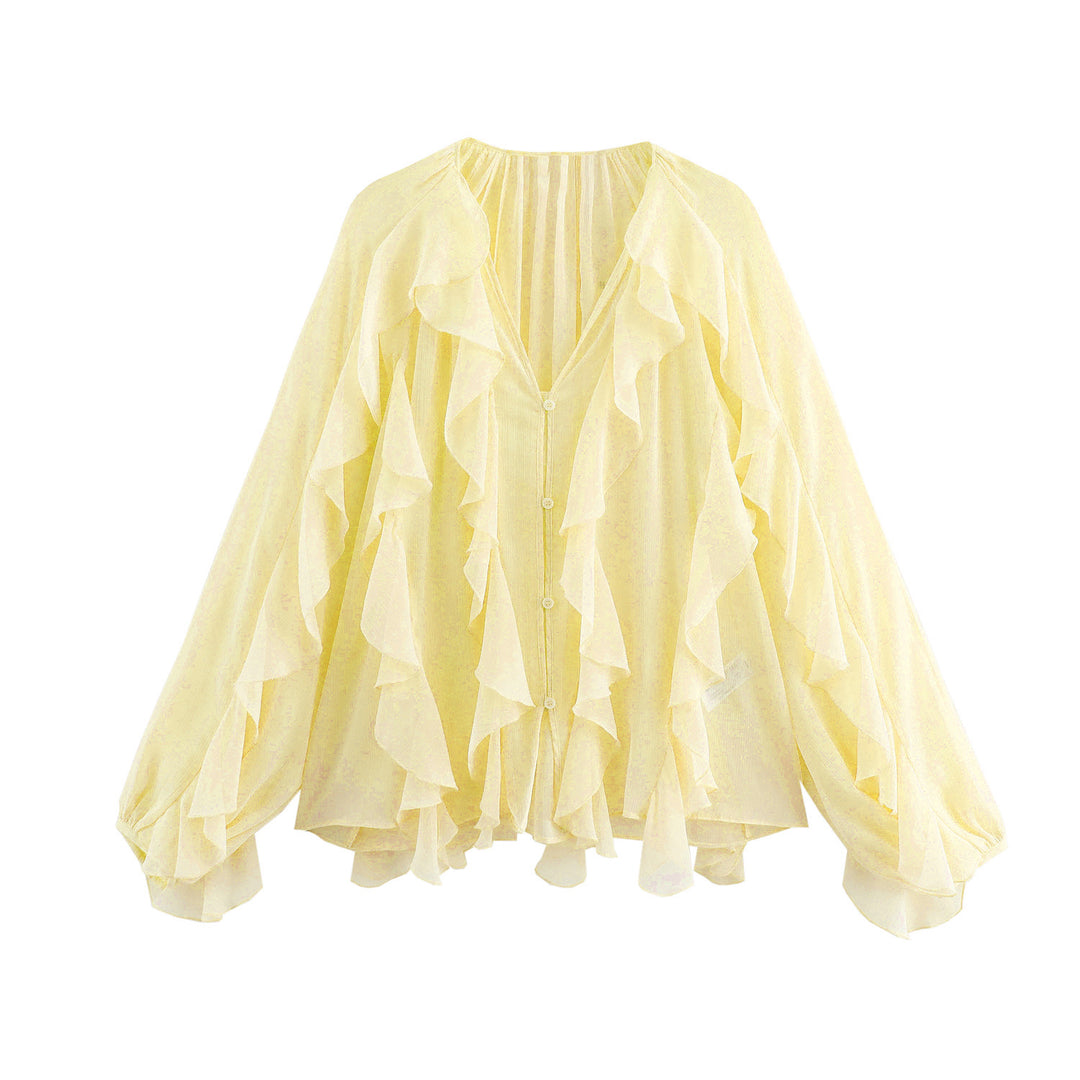 Women's feminine chiffon ruffle blouse with balloon sleeves and V-neck Mune Fashion