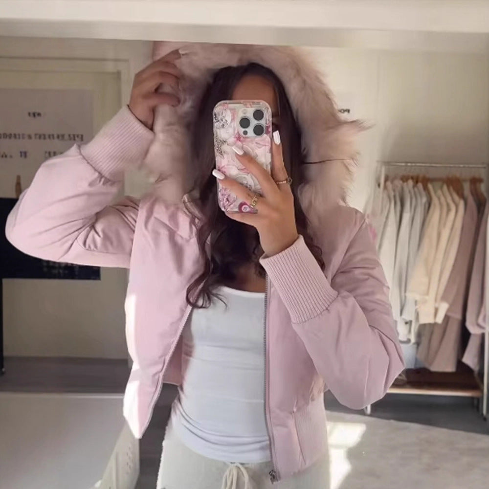 Ladies short quilted bomber style jacket with detachable faux fur hood Mune Fashion