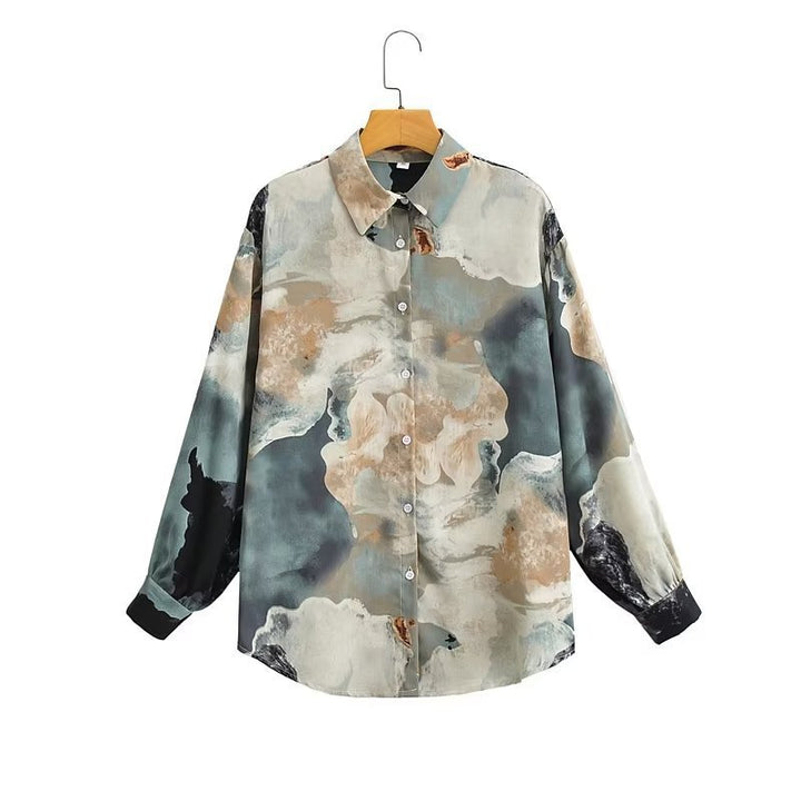 Women's silk look shirt blouse with abstract print and oversized cut Mune Fashion