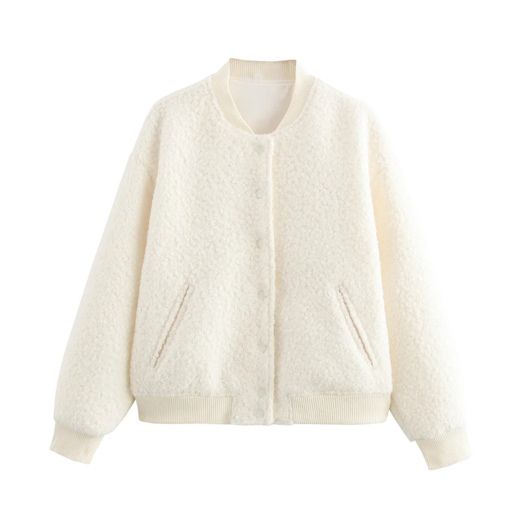 Ladies cozy teddy bomber jacket in college style with concealed snap button placket and integrated pockets Mune Fashion