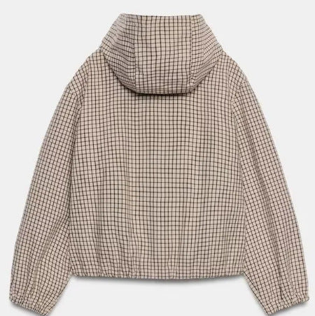 Women Checked Cropped Hoodie with Drawstring Hem and Two-Way Zip Mune Fashion