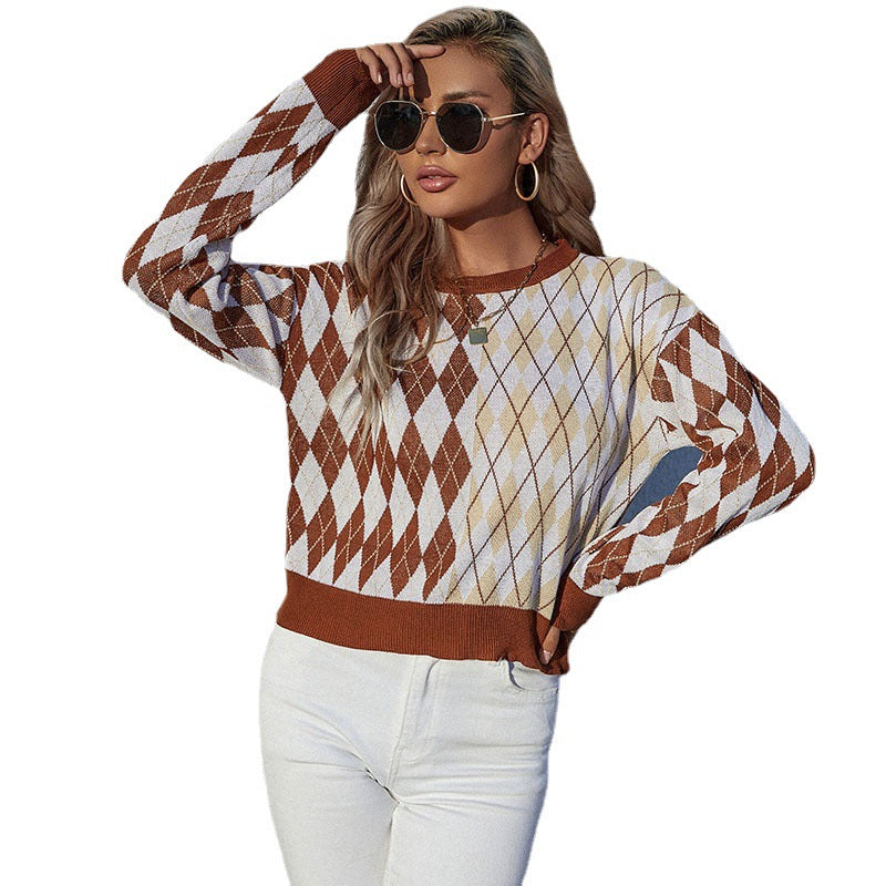 Women’s argyle knit pullover in oversized look with round neck and ribbed cuffs Mune Fashion