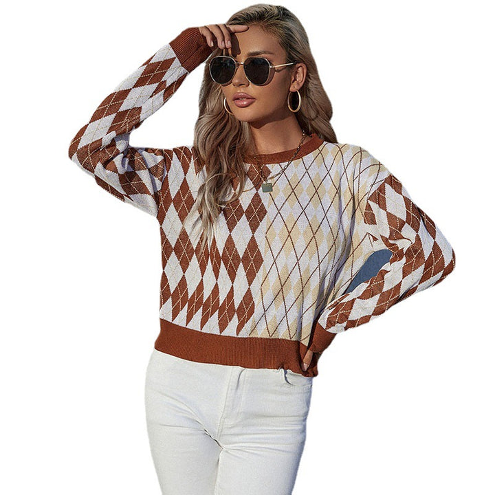 Women’s argyle knit pullover in oversized look with round neck and ribbed cuffs Mune Fashion