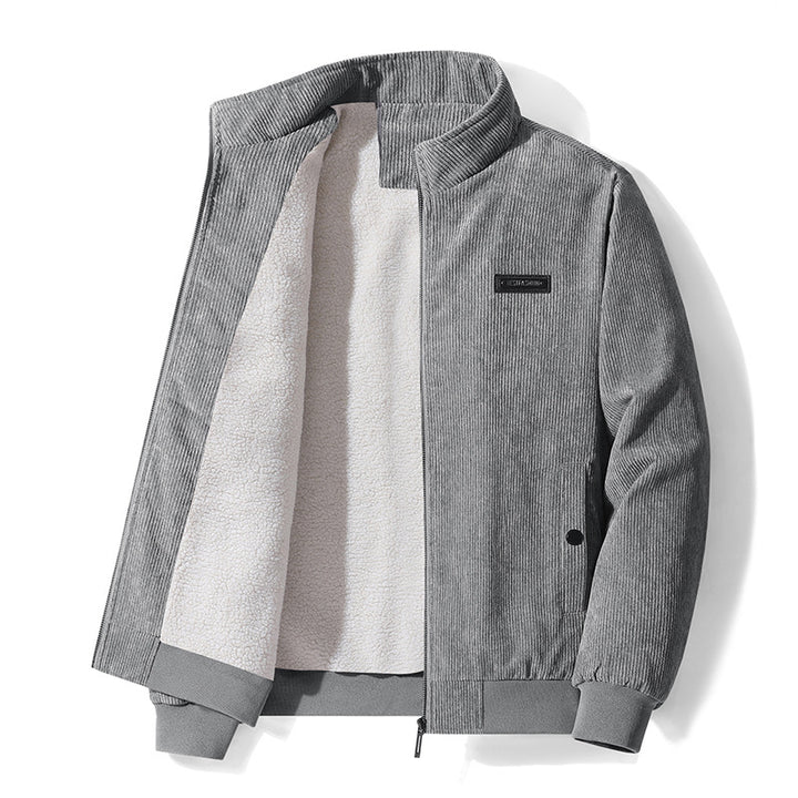 Men's cord jacket with teddy lining, stand-up collar, and concealed zipper