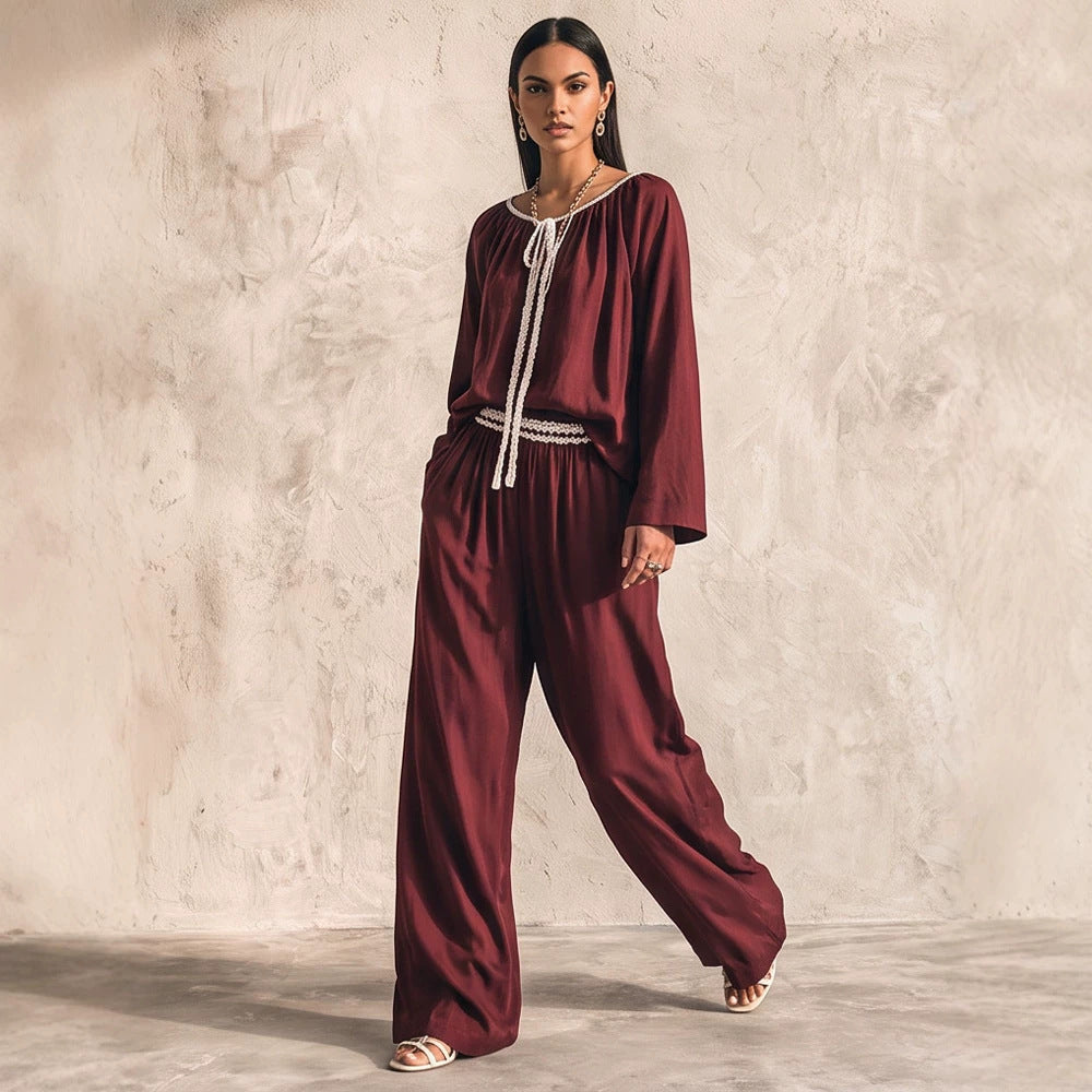 Ladies Flowing Two-Piece Loungewear Set in Silk Look with Wide Palazzo Pants and Gathered Tunic Mune Fashion