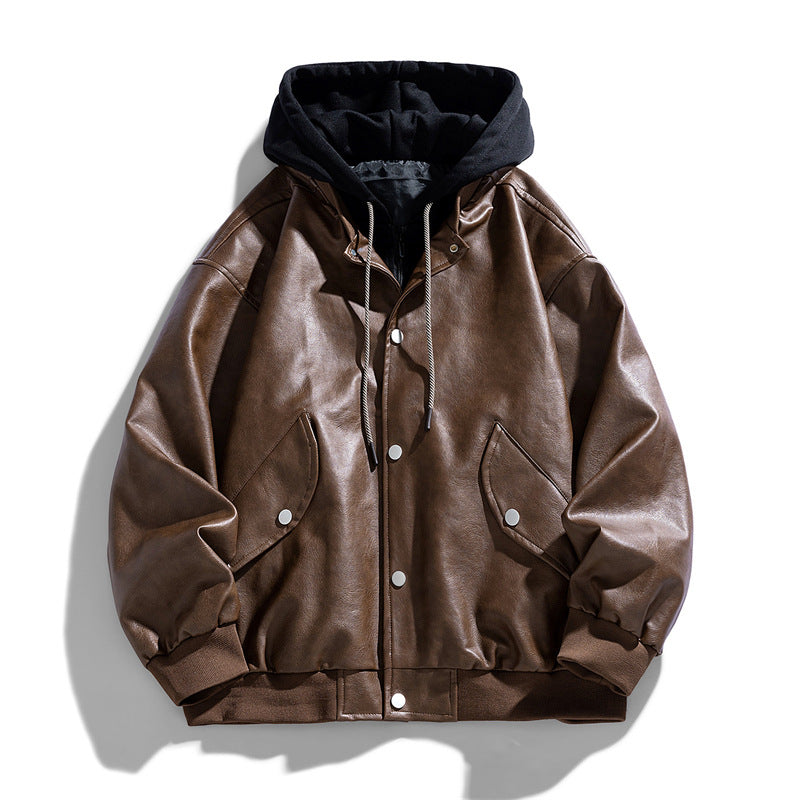 Men's Casual Faux Leather Aviator Jacket in Oversized Cut with Contrast Hood & Snap Button Placket Mune Fashion