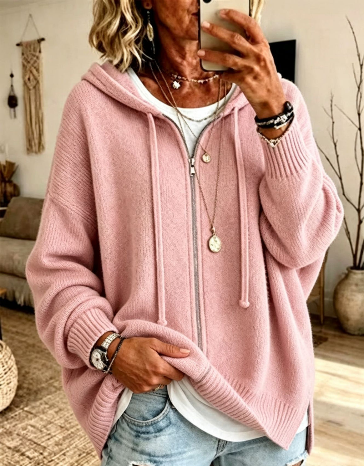 Women's Oversize Hooded Zip Cardigan made of soft fine knit Mune Fashion