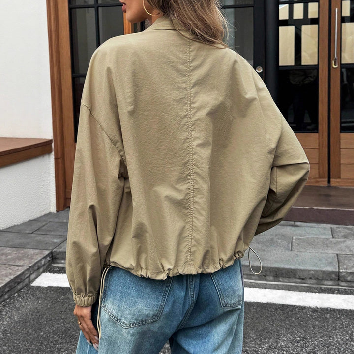Women's Lightweight Utility Bomber Jacket with Drawstring, Rubber Cuffs, and Patch Pockets Mune Fashion