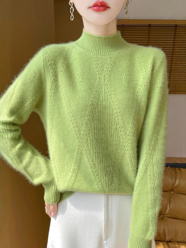 Women's Light Mockneck Fine Knit Sweater with Openwork Chevron and Cashmere Soft Finish Mune Fashion