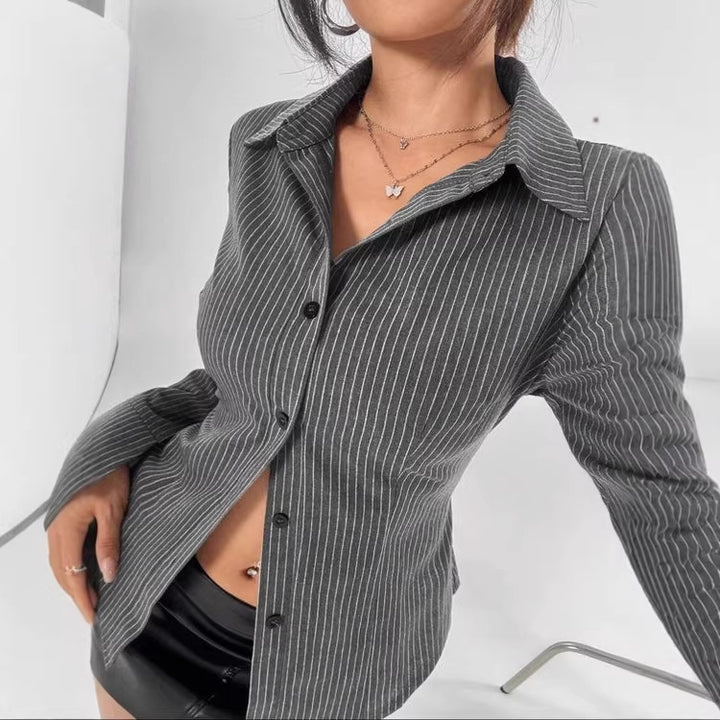 Women Tailored Pinstripe Blouse with Flared Cuffs Drune