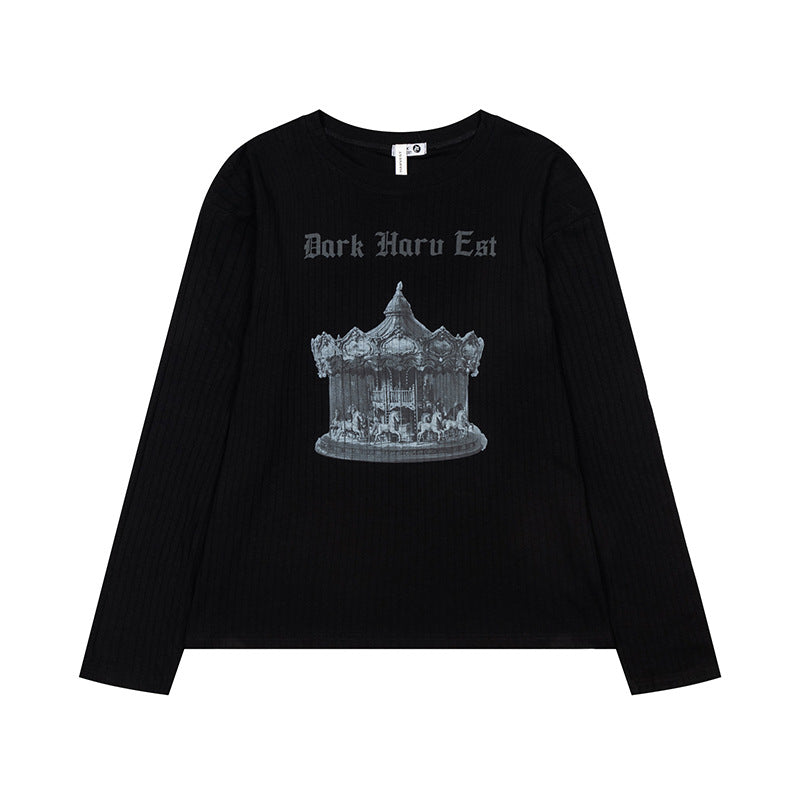 Women long sleeve shirt made of fine rib jersey with vintage carousel photo print and round neck.