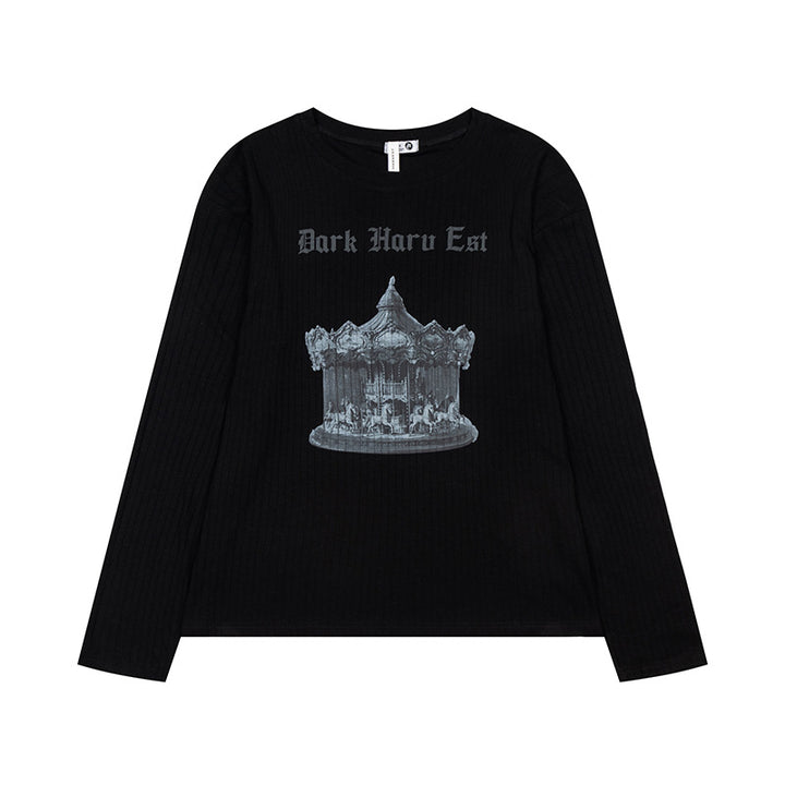 Women long sleeve shirt made of fine rib jersey with vintage carousel photo print and round neck.