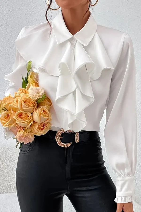 Women Elegant Ruffled Blouse with Flounces, Shirt Collar and Cuffs Drune