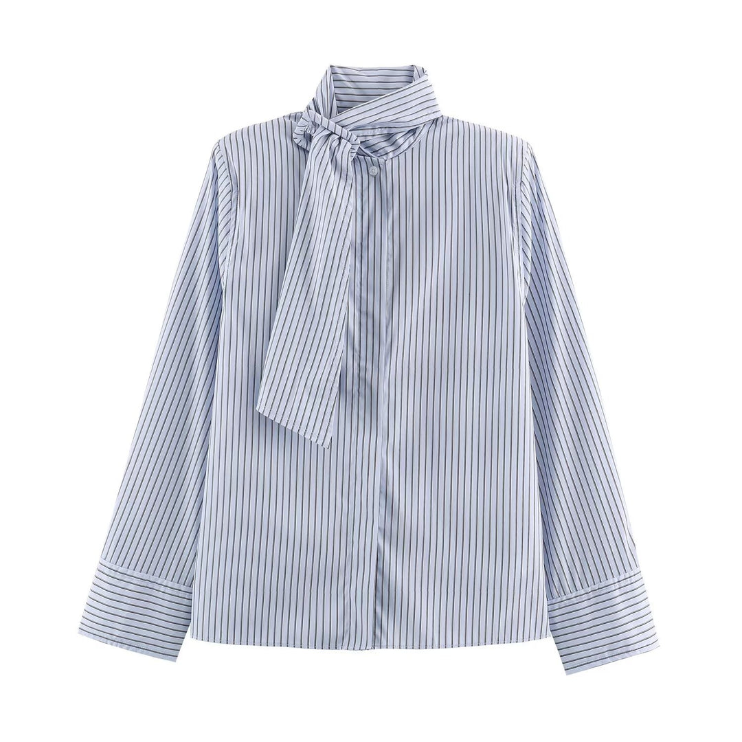 Women's Striped Slip Blouse with Bow Collar and Concealed Button Placket Drune