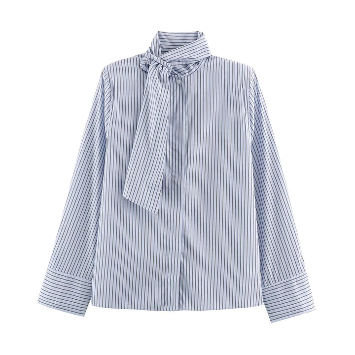 Women's Striped Slip Blouse with Bow Collar and Concealed Button Placket Drune