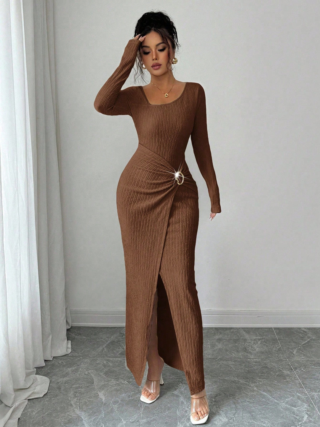 Women’s figure-hugging maxi dress made of ribbed knit with wrap detail and slit Mune Fashion