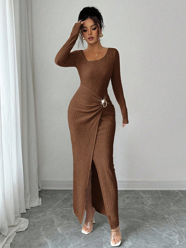 Women’s figure-hugging maxi dress made of ribbed knit with wrap detail and slit Mune Fashion