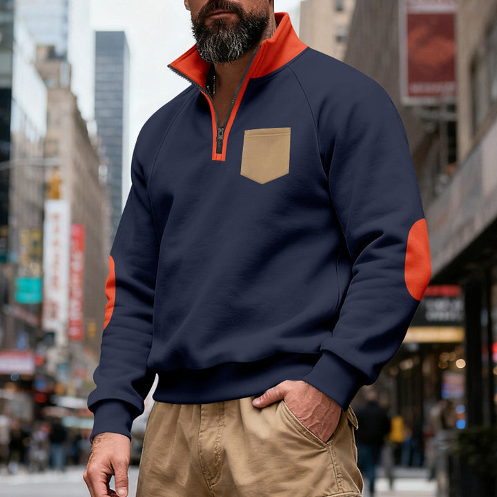 Men's Nan Quarterzip Sweatshirt with Stand-Up Collar, Contrasting Zipper, Elbow Patches, and Chest Pocket Mune Fashion