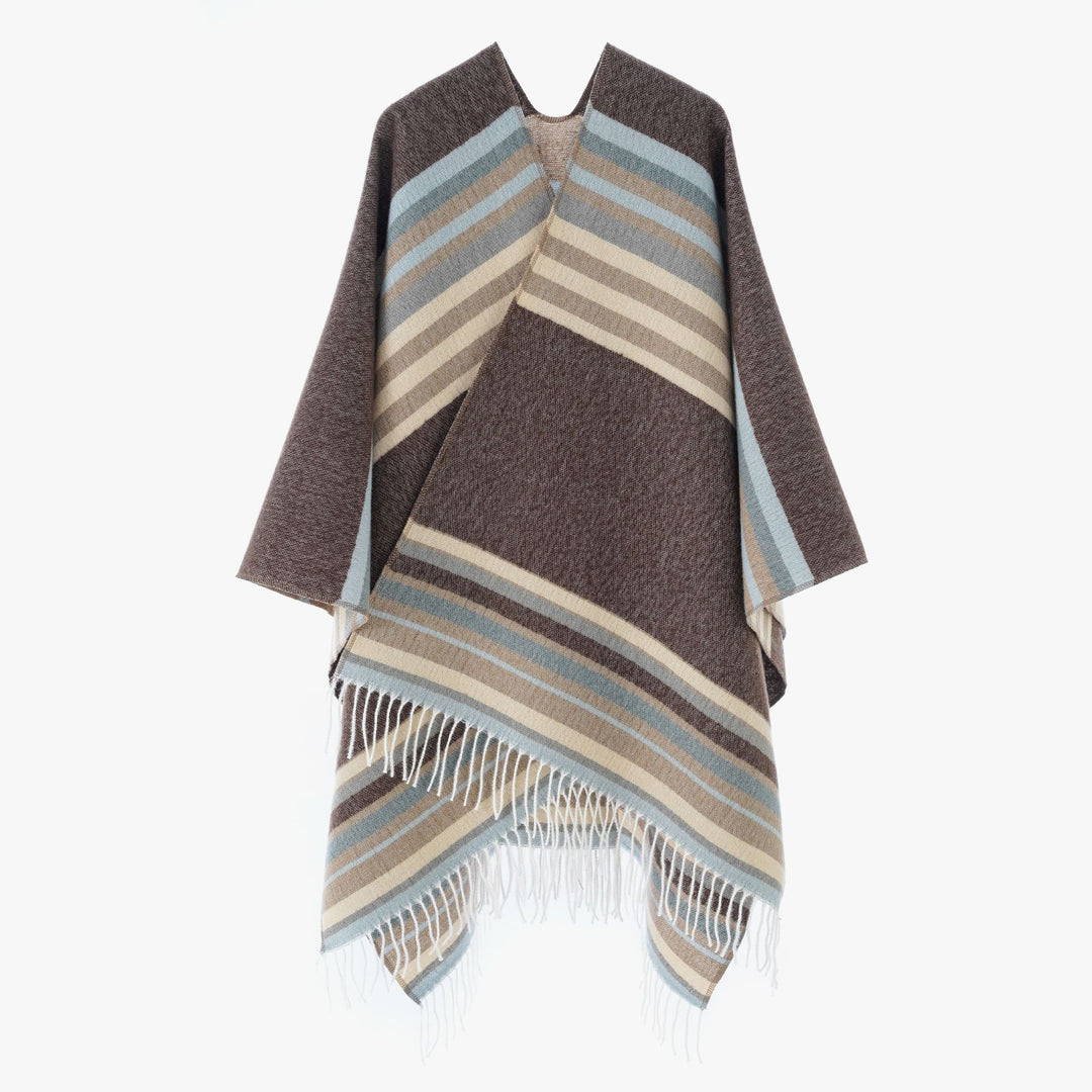 Women's Striped Wool Blend Poncho with Fringed Hem Mune Fashion