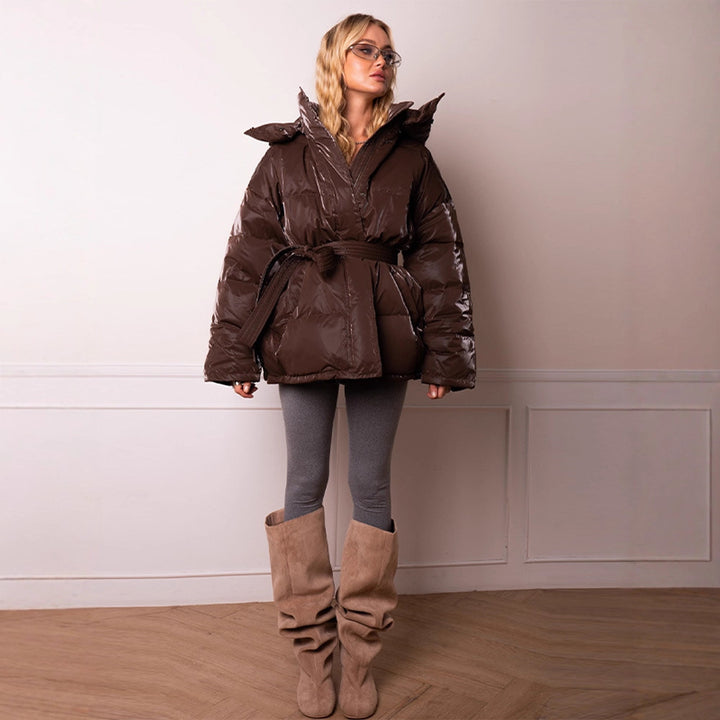 Women's padded hooded quilted jacket with waist belt Mune Fashion