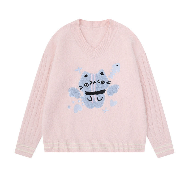 Women's V-neck knitted sweater with cable sleeves and chenille cat motif Mune Fashion