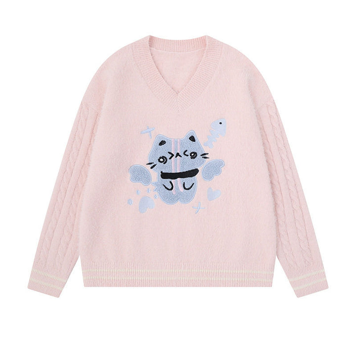 Women's V-neck knitted sweater with cable sleeves and chenille cat motif Mune Fashion
