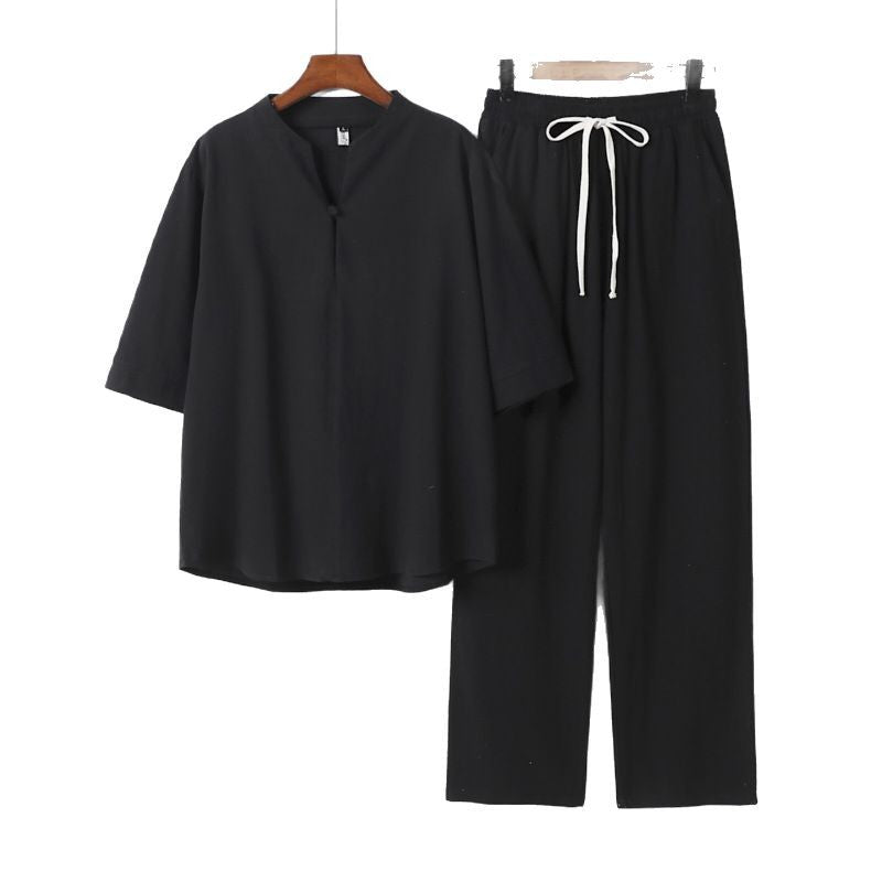 Unisex Lockeres Lounge Set with Stand Collar Half Sleeve Shirt and Elastic Waist Pants Mune Fashion