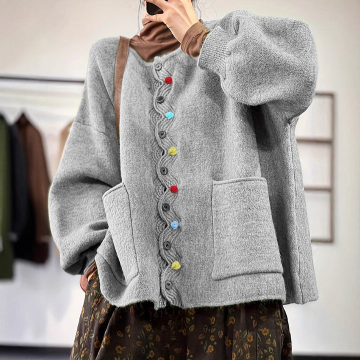 Women's Oversized Knit Cardigan with Decorative Button Placket and Patch Pockets Drune