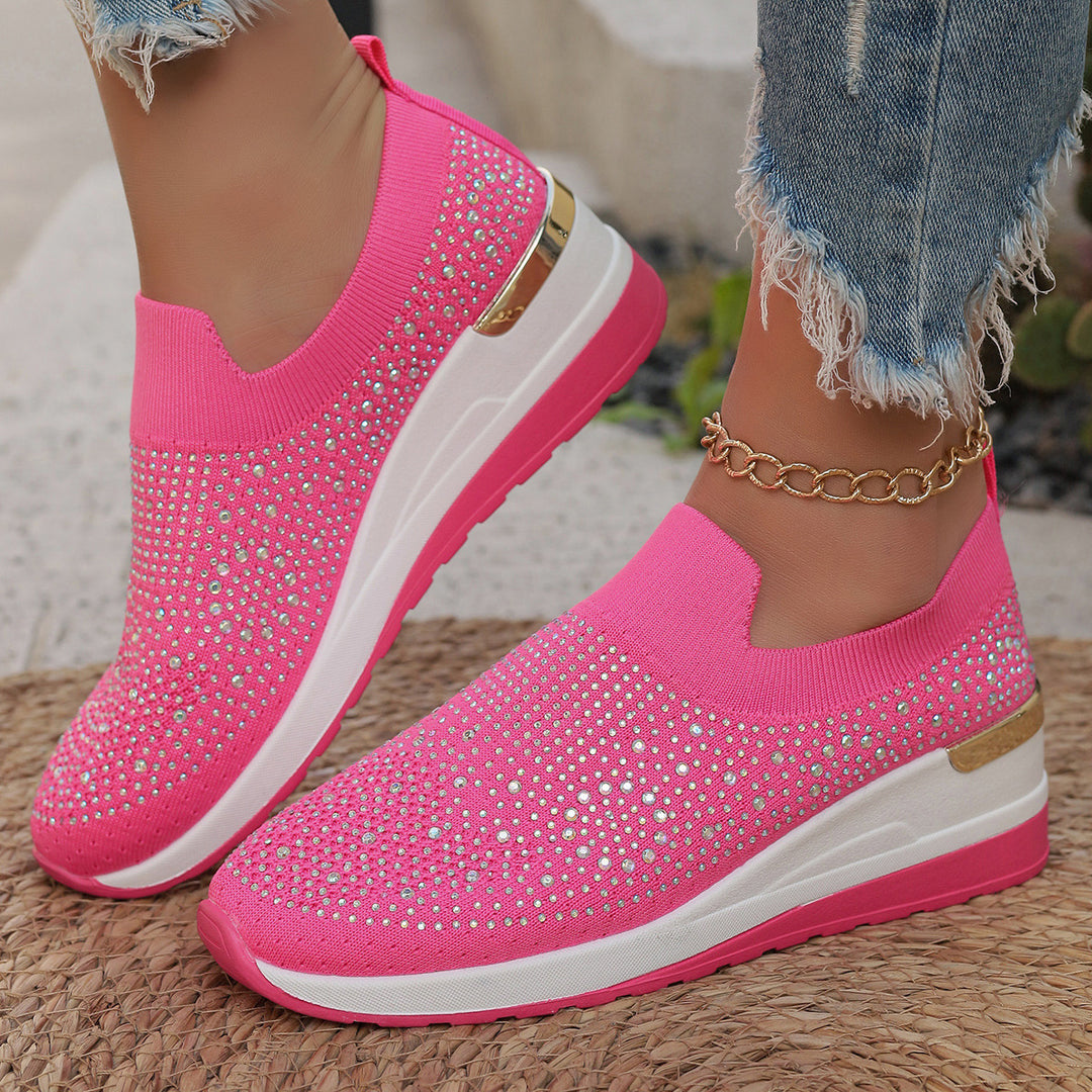 Women's knit slip-on sneakers with sparkling rhinestone trim, elastic entry, and cushioned platform sole Mune Fashion