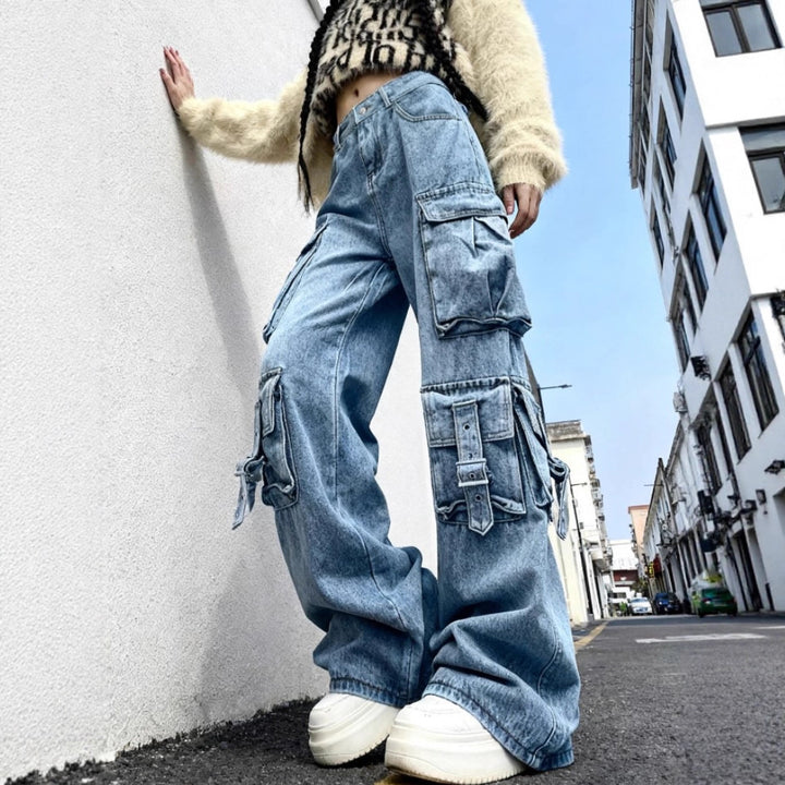 Women's Wide Cargo Jeans with Multiple Patch Pockets and Utility Details Mune Fashion