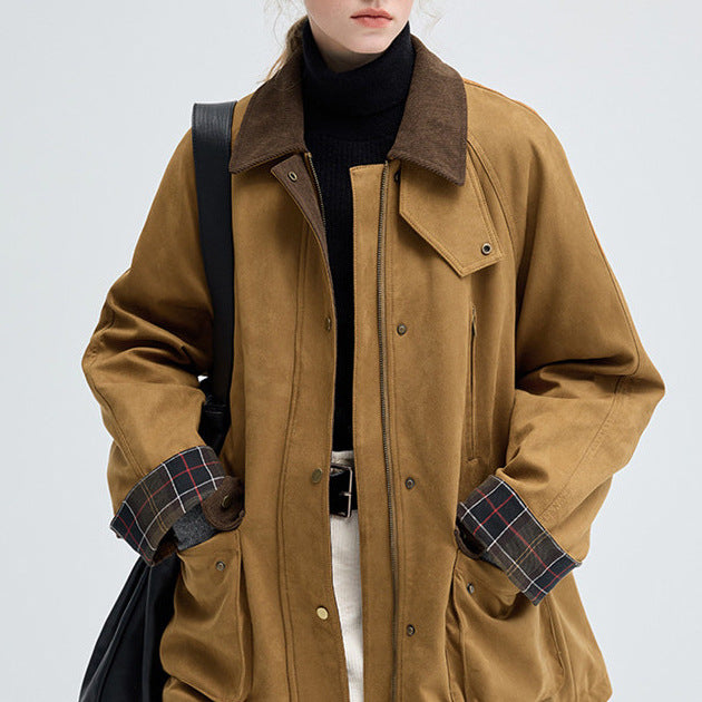 Women's Fashionable Transitional Jacket Made of Soft Material with Check Pattern Mune Fashion