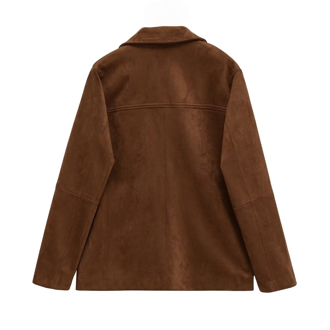 Women Short Suede-Look Coat with Notched Collar and Applied Pockets Mune Fashion