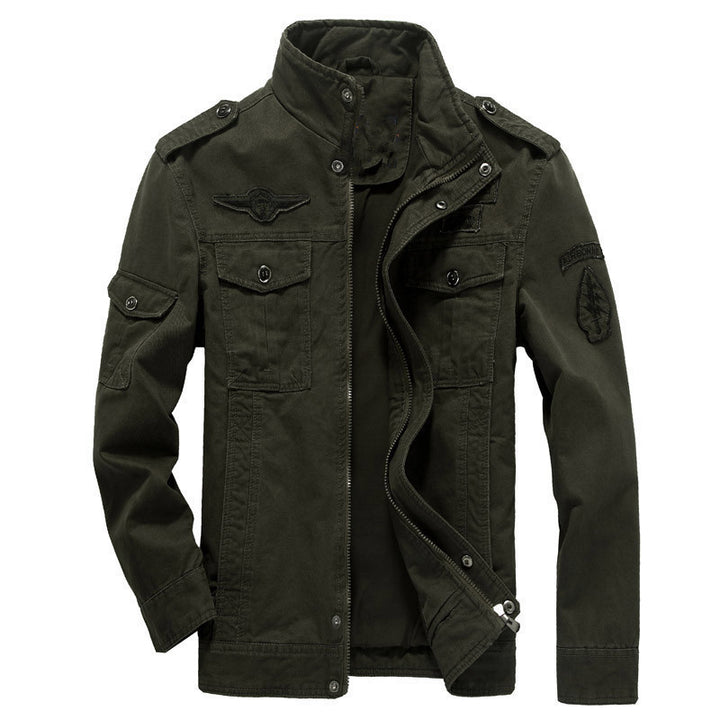 Men's canvas field jacket in pilot style with stand-up collar, utility pockets, and badge applications Mune Fashion