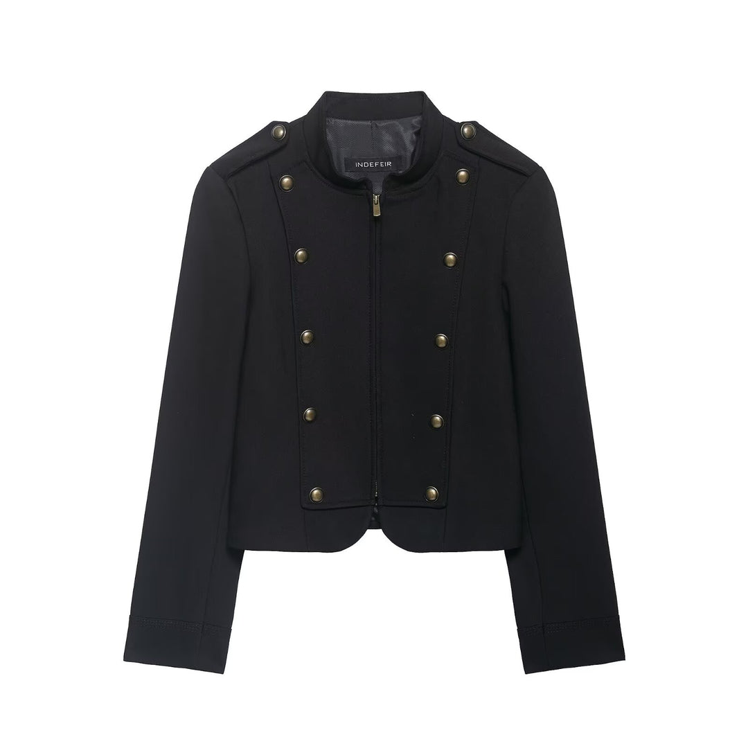Women's short blazer in military style with stand-up collar and decorative buttons Mune Fashion